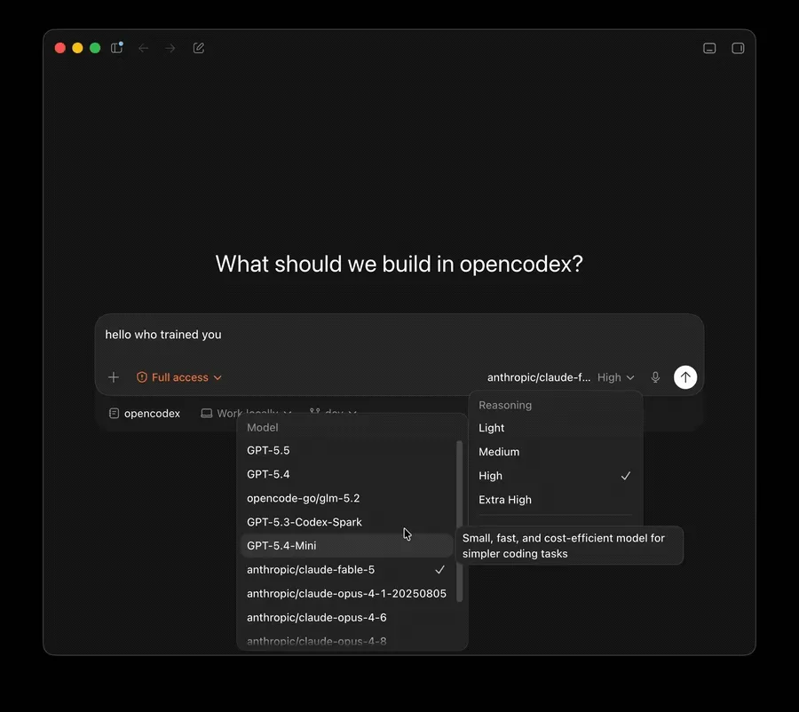 Codex App running a task on a routed non-OpenAI model
